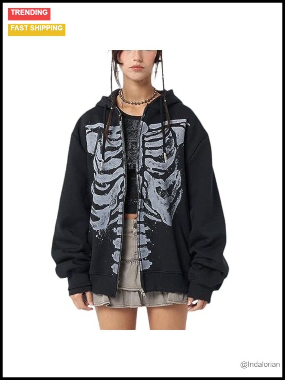 Women Men Y2k Oversized Zip Up Hoodie Skeleton Graphic Gothic Grunge Sweatshirt